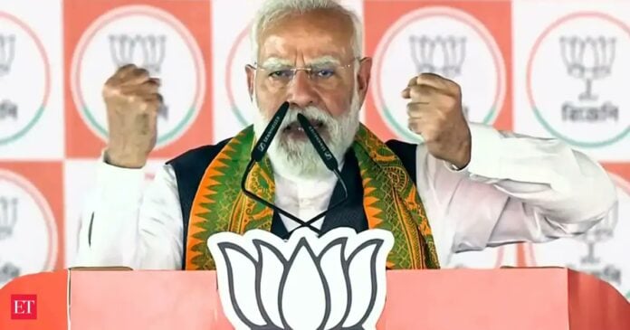 Indian Prime Minister Narendra Modi speaking passionately at BJP event, emphasizing Hindu nationalis.