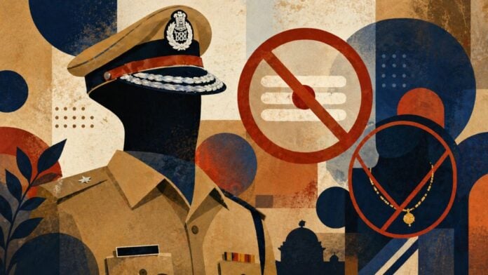 Police officer without tilak, highlighting debate on religious symbols and regulations.