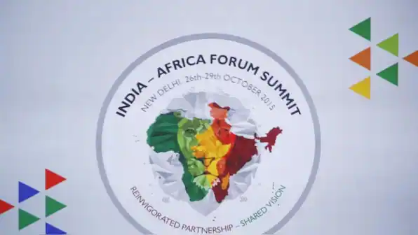 Logo of India Africa Forum Summit 2015 featuring map of India and Africa, emphasizing international.