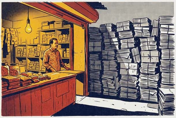 A man working in a small business with stacks of papers and documents.