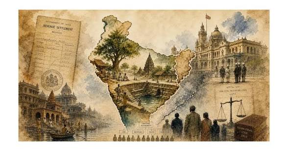 Historical map of royal settlement and landmarks in India, featuring architecture and scenery.