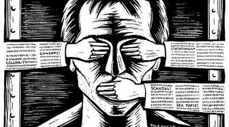 Illustration of media censorship with a person covering eyes, ears, and mouth, symbolizing suppressi.