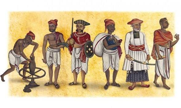 Historical Indian warriors in traditional clothing and weapons.