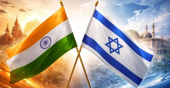 Indian and Israeli flags waving together symbolizing friendship and diplomatic ties.
