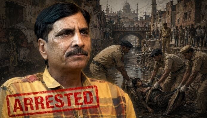 Image of Salim Wastik with a background of a city scene and a police arrest scene.