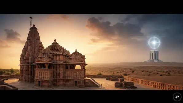 Hindu temple with intricate architecture during sunset, symbolizing spiritual heritage and devotion.
