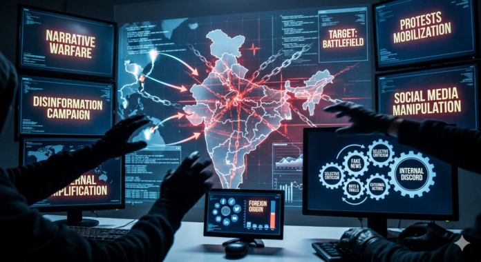 A digital map showing cyber attack targets and social media manipulation in a cyber warfare scenario.