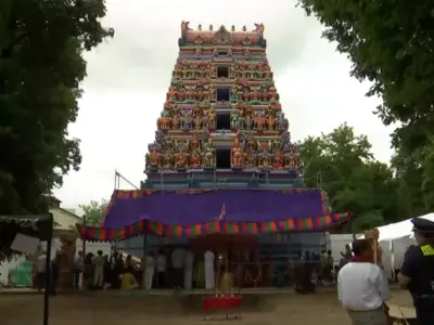 Colorful Hindu temple tower at Sri Ganesha Temple in Berlin, Germany.