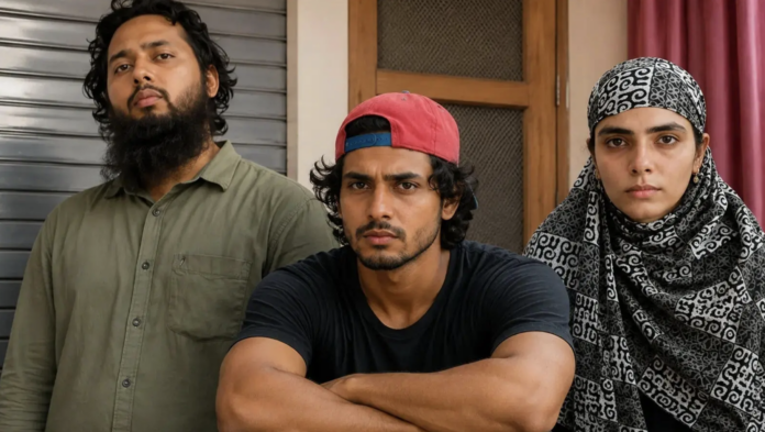 Group of three young adults with serious expressions, standing indoors, representing HinduPost activ.