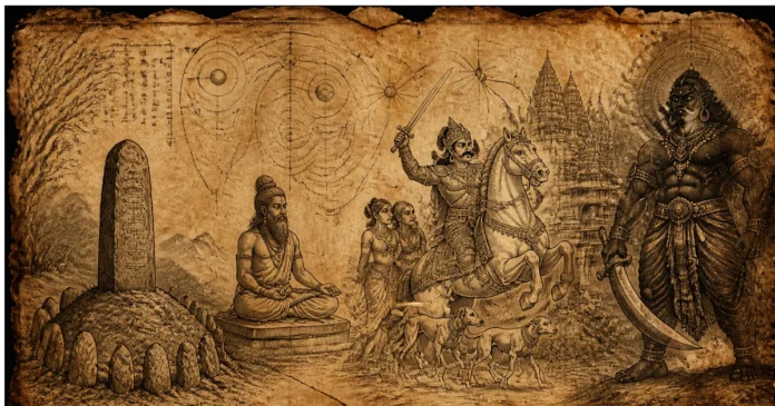 Historical Hindu figures, deities, and symbols in traditional art style.