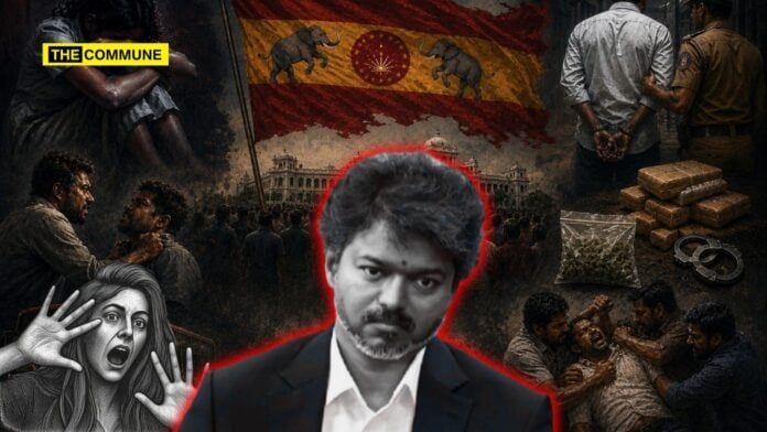Scene depicting chaos and protests related to TVK controversy in India.