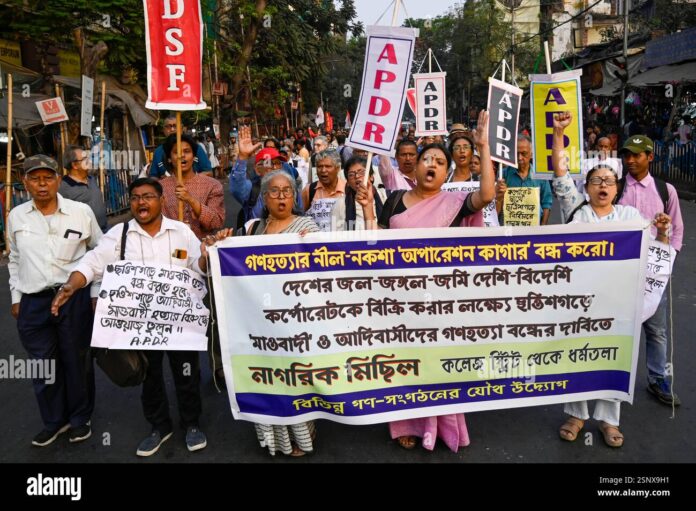 Protesters holding banners and placards during Hindu march for rights and justice in India.