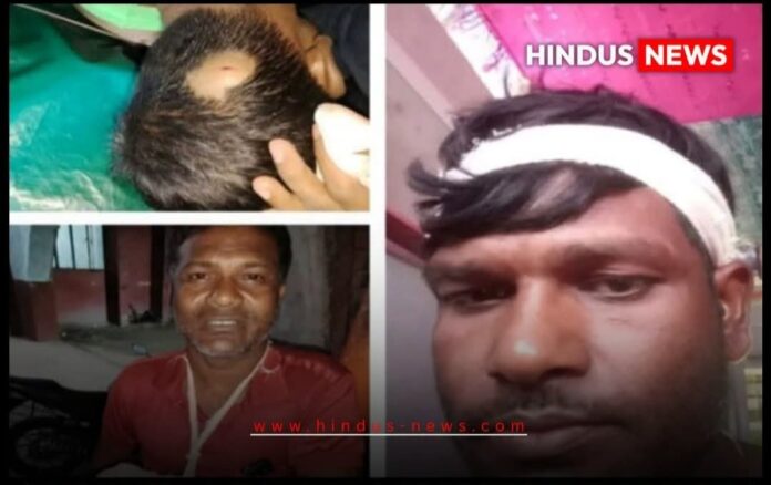 Collage of images showing a man with head injury, a news anchor, and a reporter at the scene.