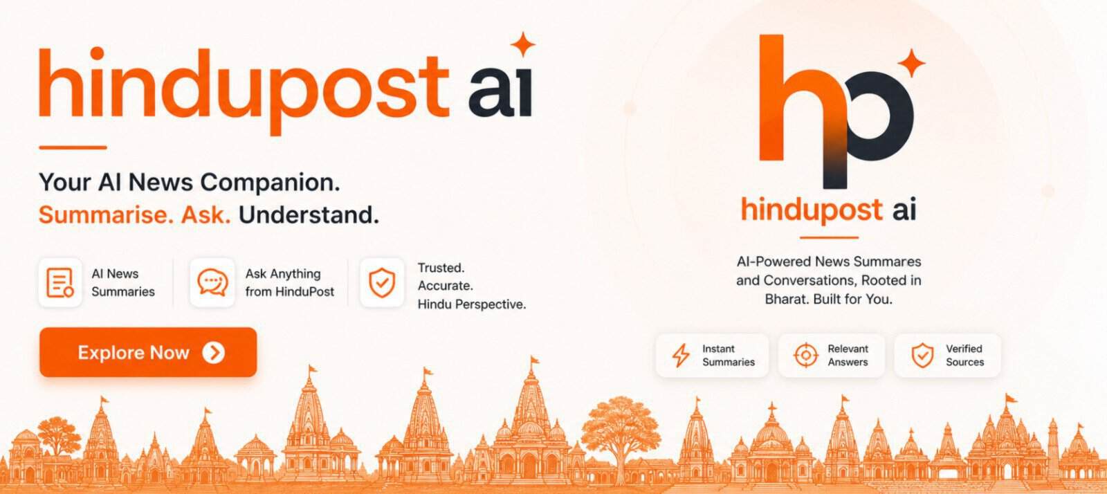 HinduPost AI news platform banner with temple silhouette and AI features.