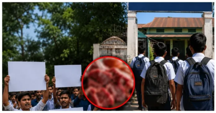 Hindu students protesting peacefully outside a school with signs, with a focus on cultural activism.