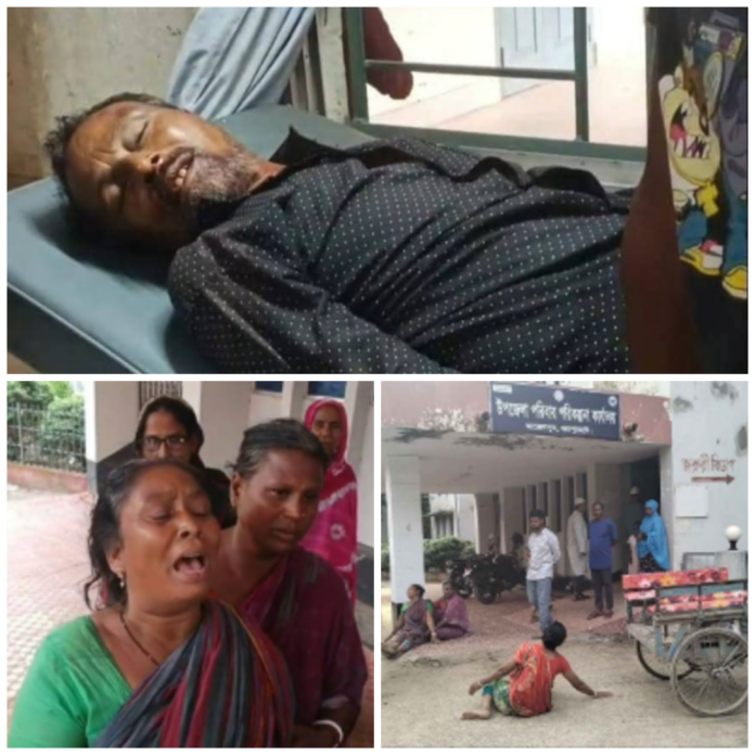 Man lying on hospital bed with distressed family members and children outside hospital.