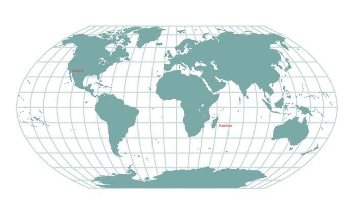 World map showing Mauritius and America, related to Hindu community locations.