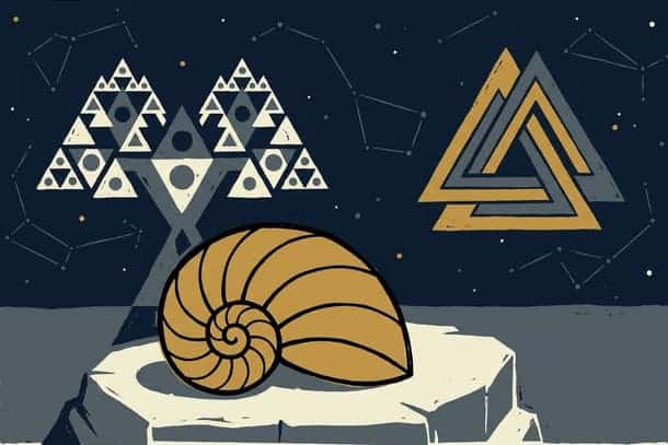 Abstract cosmic and geometric symbols with a shell on a rock under starry sky.