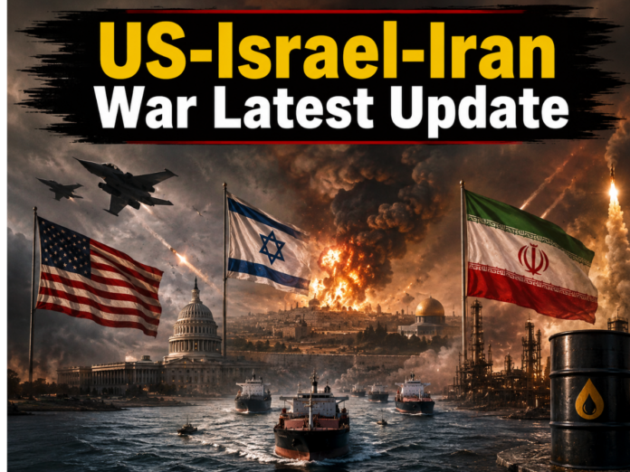 Military conflict update with US, Israel, and Iran flags amid explosions and war scene.