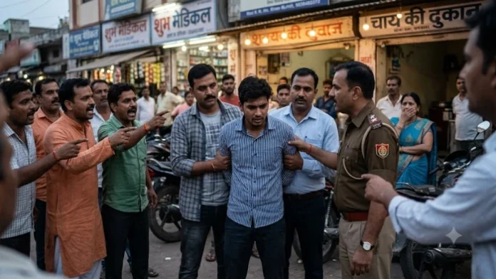 Group of Hindu men protesting and confronting a police officer in Indore street scene.