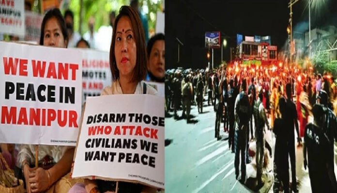 Manipur protests demanding peace, disarmament, and end to violence.