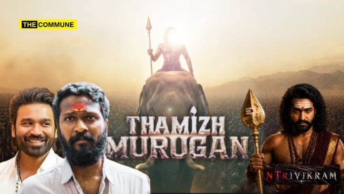 Poster of Thamizh Murugan featuring characters with weapons and a deity statue in background.