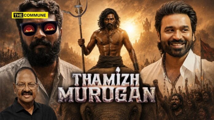 Promotional poster for Thamizh Murugan featuring characters and background scene.