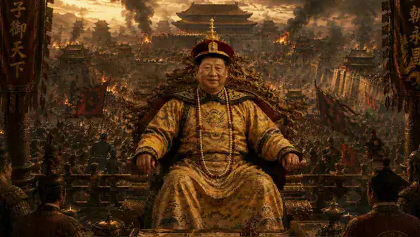 Asian emperor seated on throne with ancient city background and flames.