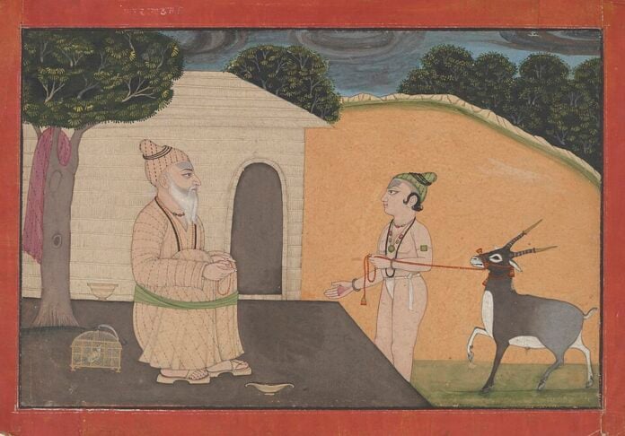 Traditional Indian painting depicting Guru–śiṣya dialogue with a cow and forest background.