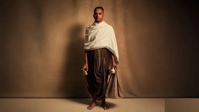 Brahmana boy in traditional attire holding a brass vessel, old Poona educational scene.