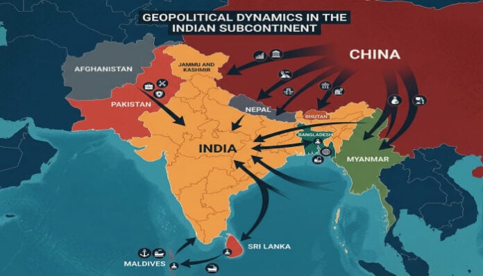 Map showing China's threats and regional influence in South Asia and Southeast Asia.