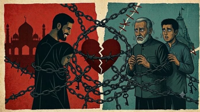 Family members distressed, broken heart, chains, and religious symbols in background.