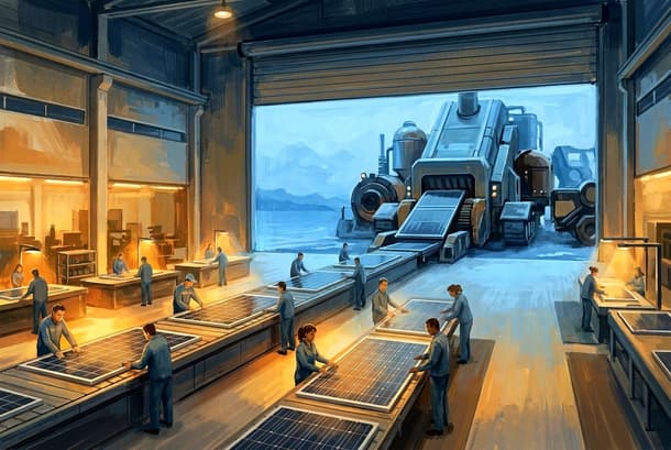 Workers assembling solar panels in a high-tech factory with a spaceship in the background.
