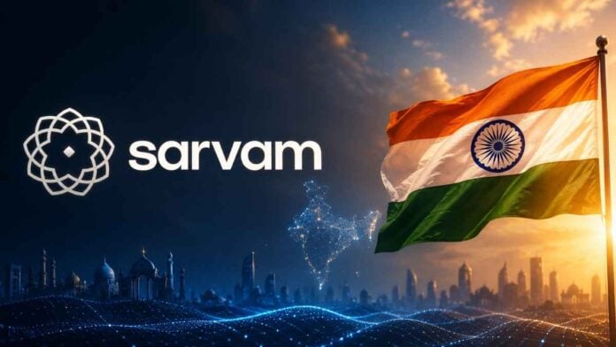 Indian flag waving with Sarvam AI logo and city skyline at sunset.