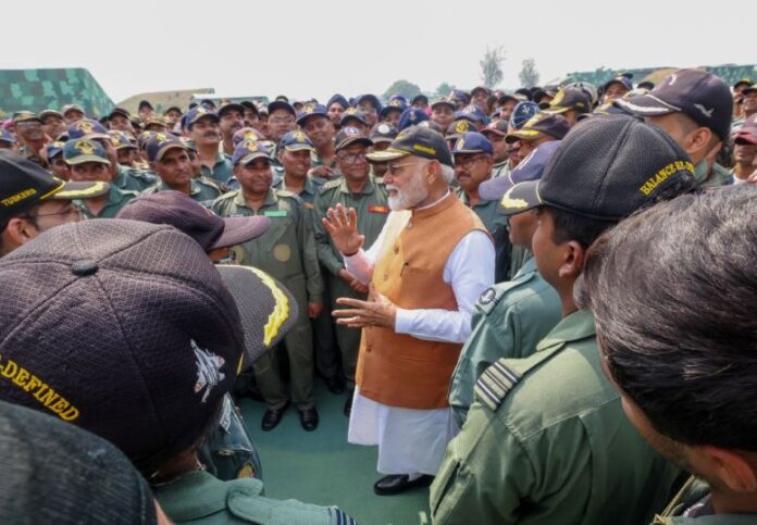 Prime Minister Modi addressing security personnel in Jammu & Kashmir during a visit.