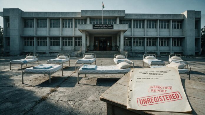 Empty beds outside unregistered care homes in West Godavari, India.