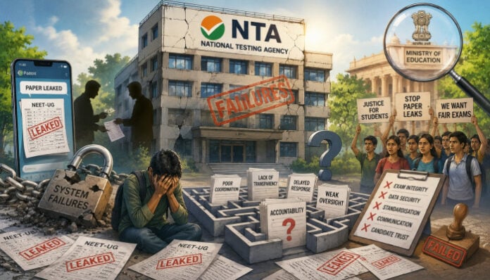 Corrupt exam system with leaks, failures, and student distress in India.