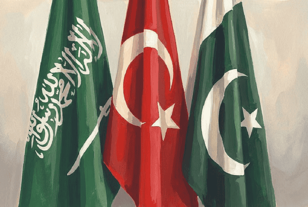 National flags of Saudi Arabia, Turkey, and Pakistan displayed together.