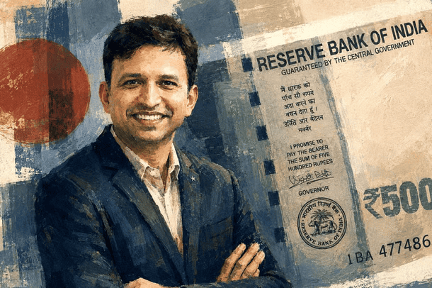 Man smiling with Reserve Bank of India currency note in background.