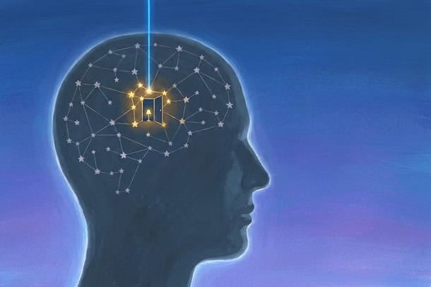 Illustration of a human head with neural network and light connecting to the brain.