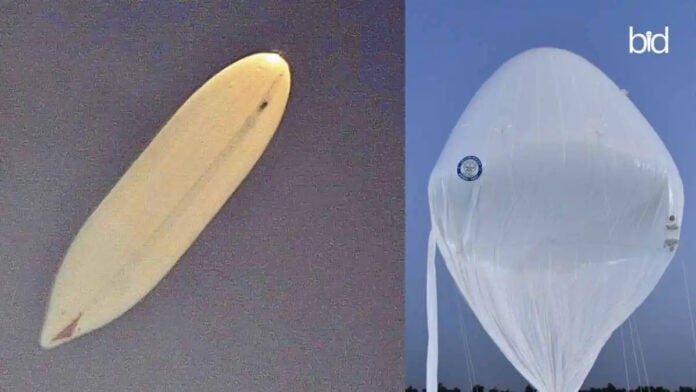 High-altitude platform system drone and balloon in the sky.