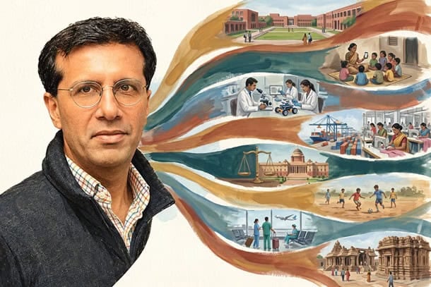 Illustration of Ashish Dhawan's philanthropic projects and community impact.